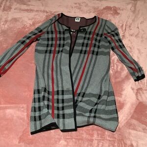 Anne Klein Gray and Red Plaid Cardigan